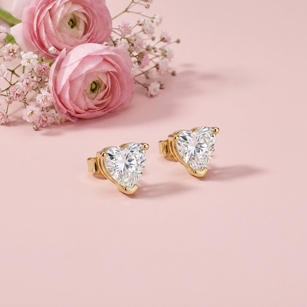 Heart Diamond Studs - 925 Sterling Silver Gold Plated