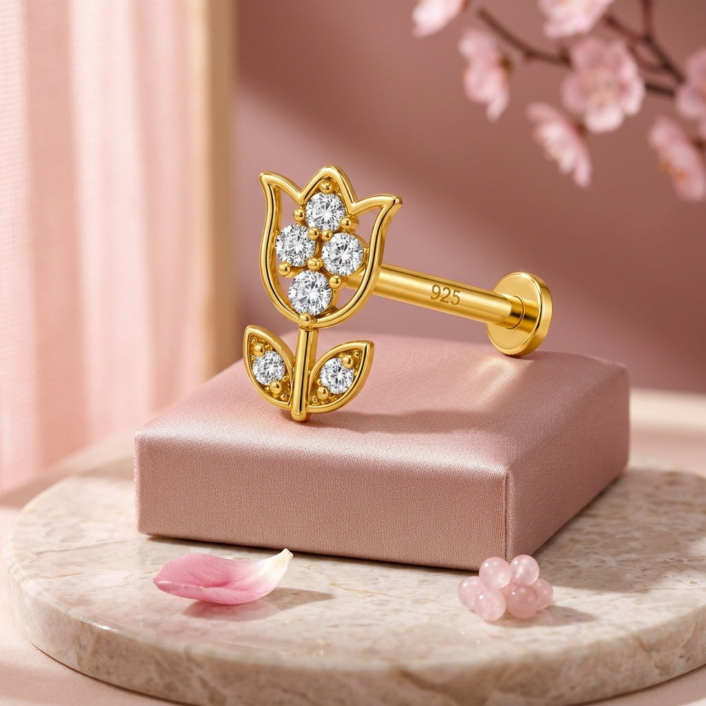 Tulip with Leaves Nose Pin - back view with clasp