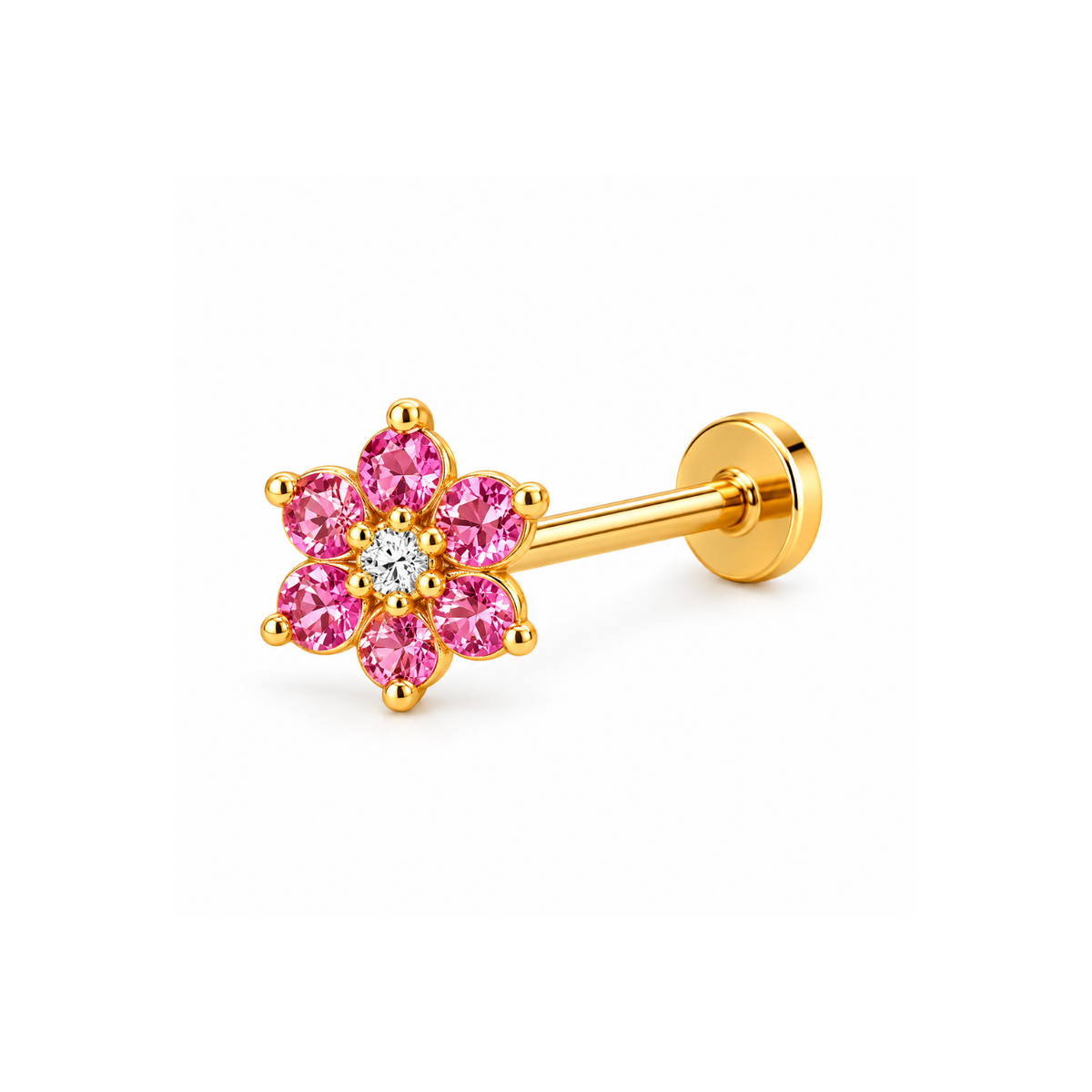 Pink Flower Nose Pin - 925 Sterling Silver