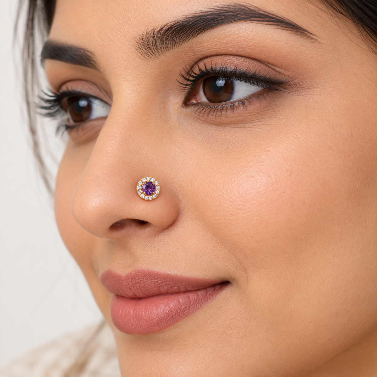 Amethyst Purple Halo Nose Pin - side view in 925 sterling silver