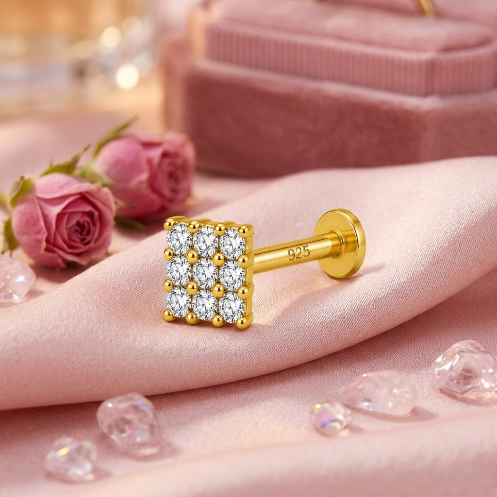 Square Pave Nose Pin - 925 Sterling Silver