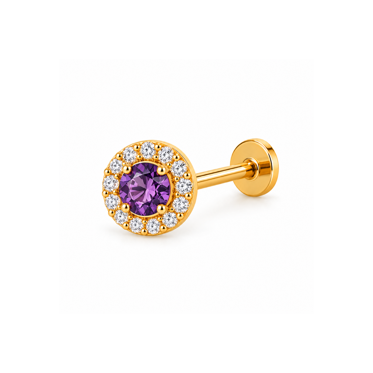 Amethyst Purple Halo Nose Pin - 925 Sterling Silver