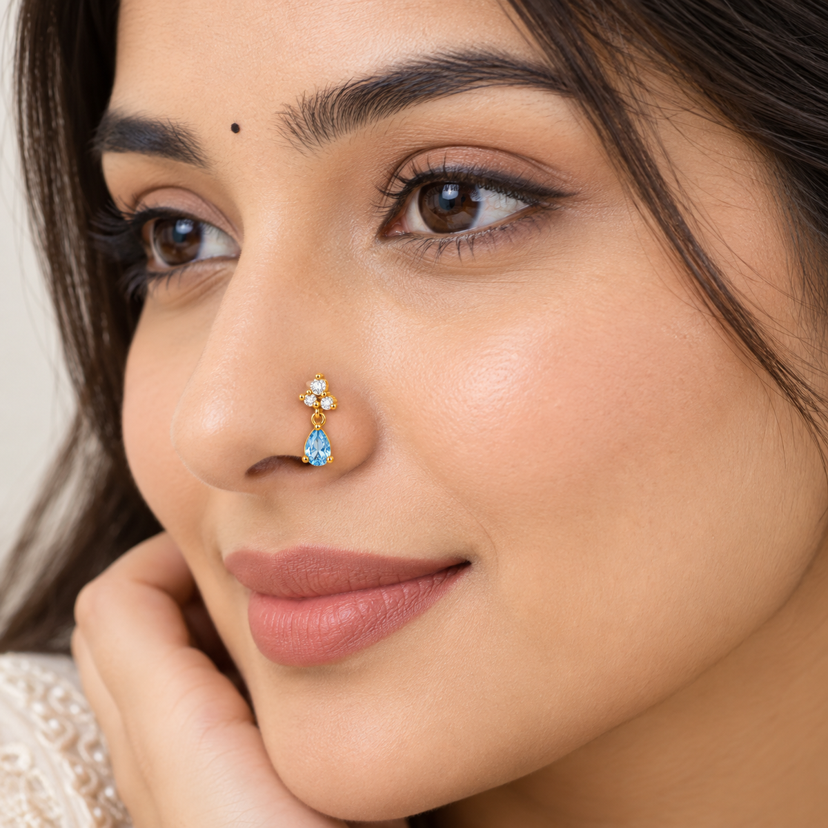 Blue Topaz Teardrop Drop Nose Pin - side view in 925 sterling silver