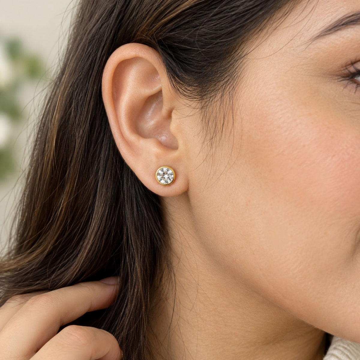 Bezel Round White Cz Solitaire Stud Earrings for Women - 925 Sterling Silver