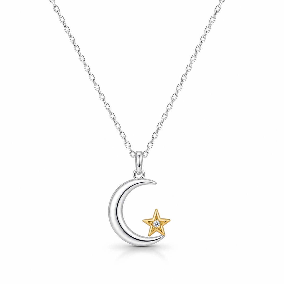 Crescent Moon and Star White Cz Pendant Necklace - 925 sterling silver pendant necklace for women