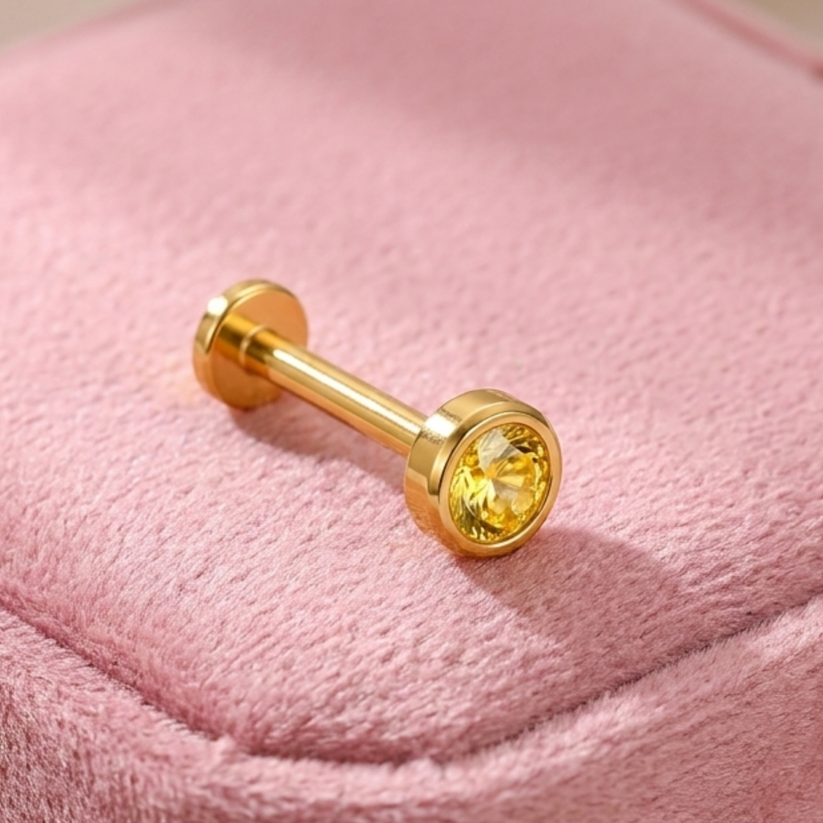 Yellow Citrine Round Bezel Nose Pin - side view in 925 sterling silver