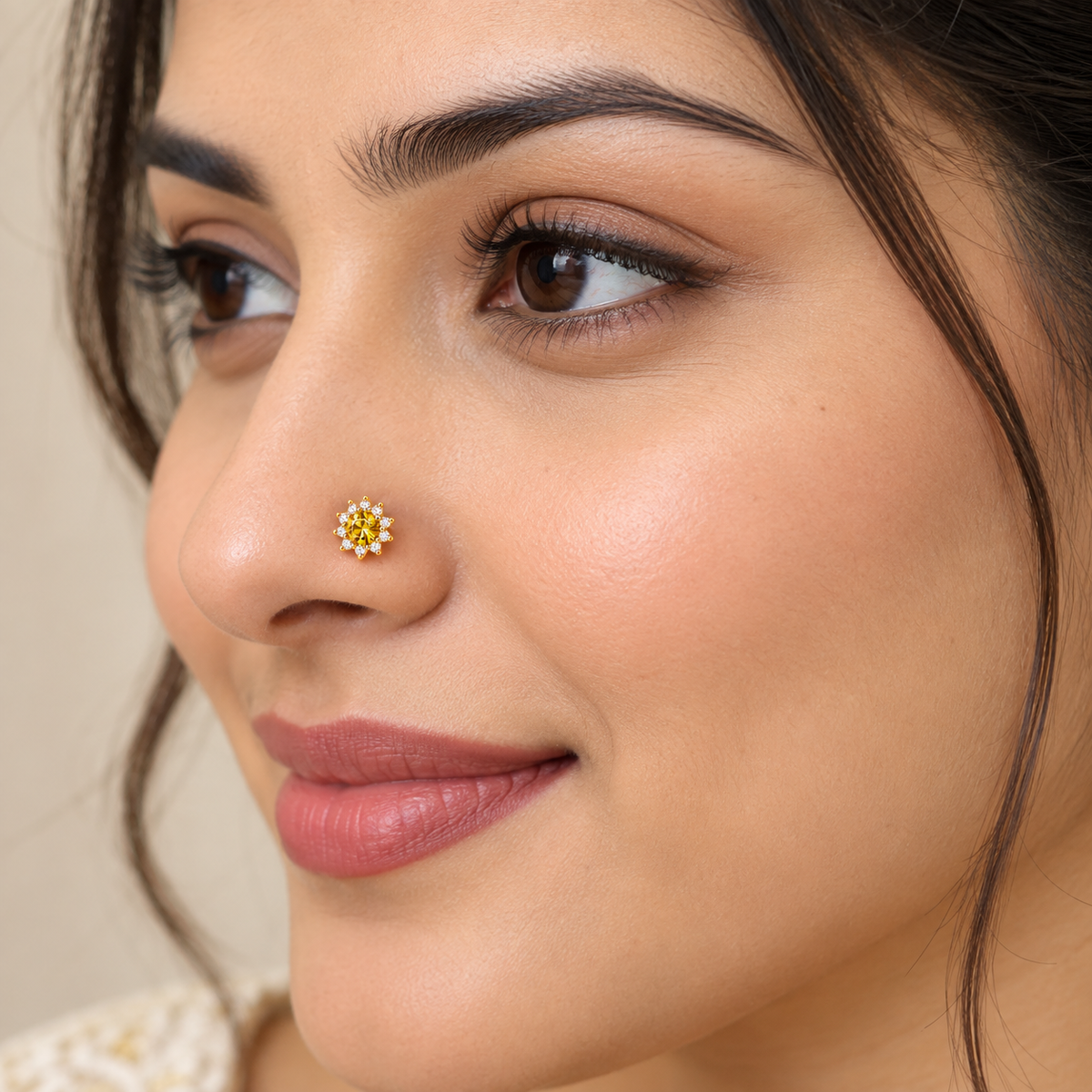 Citrine Yellow Sunburst Nose Pin - side view in 925 sterling silver