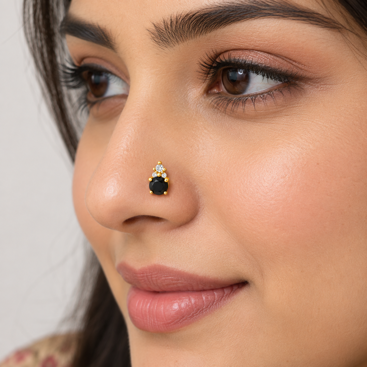 Black Solitaire Nose Pin - side view in 925 sterling silver
