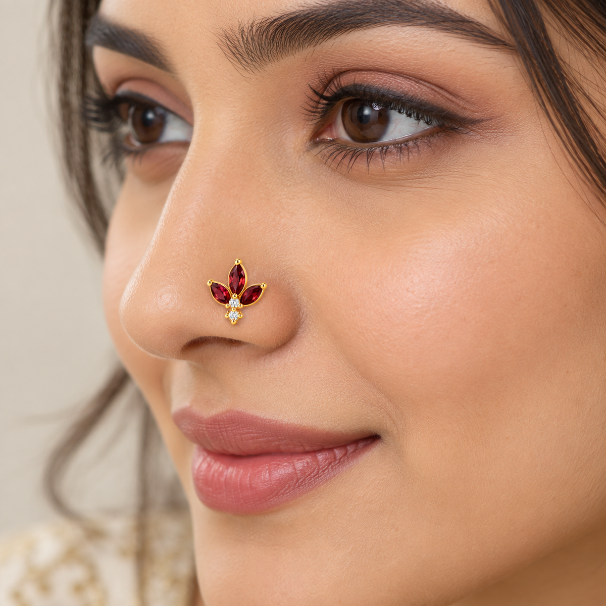 Ruby Red Tulip Nose Pin - side view in 925 sterling silver