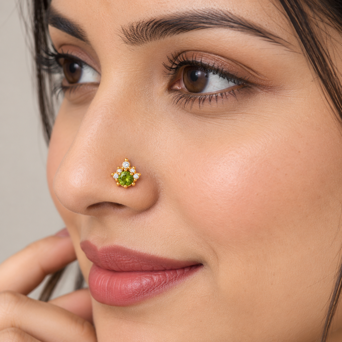Peridot Green Flower Nose Pin - side view in 925 sterling silver