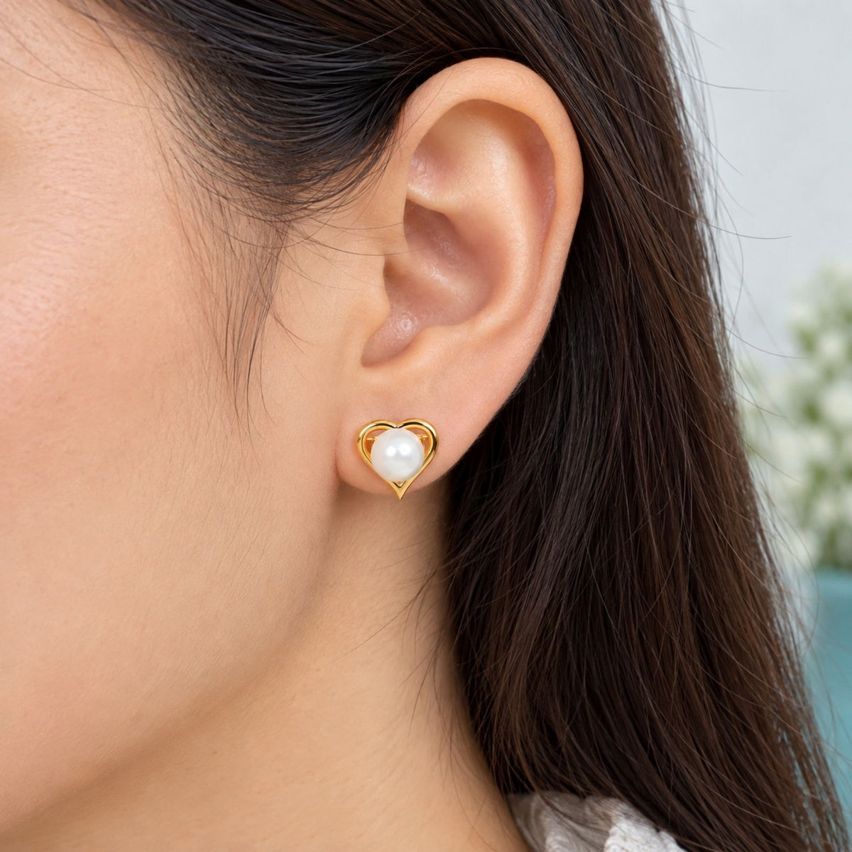 Open Heart Pearl Stud Earrings for Women - 925 Sterling Silver