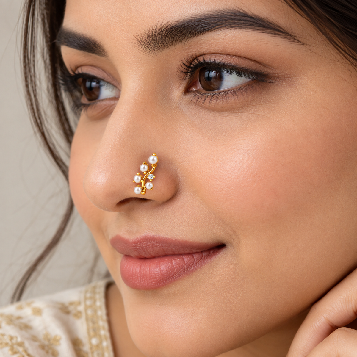 Pearl Vine Nose Pin - side view in 925 sterling silver