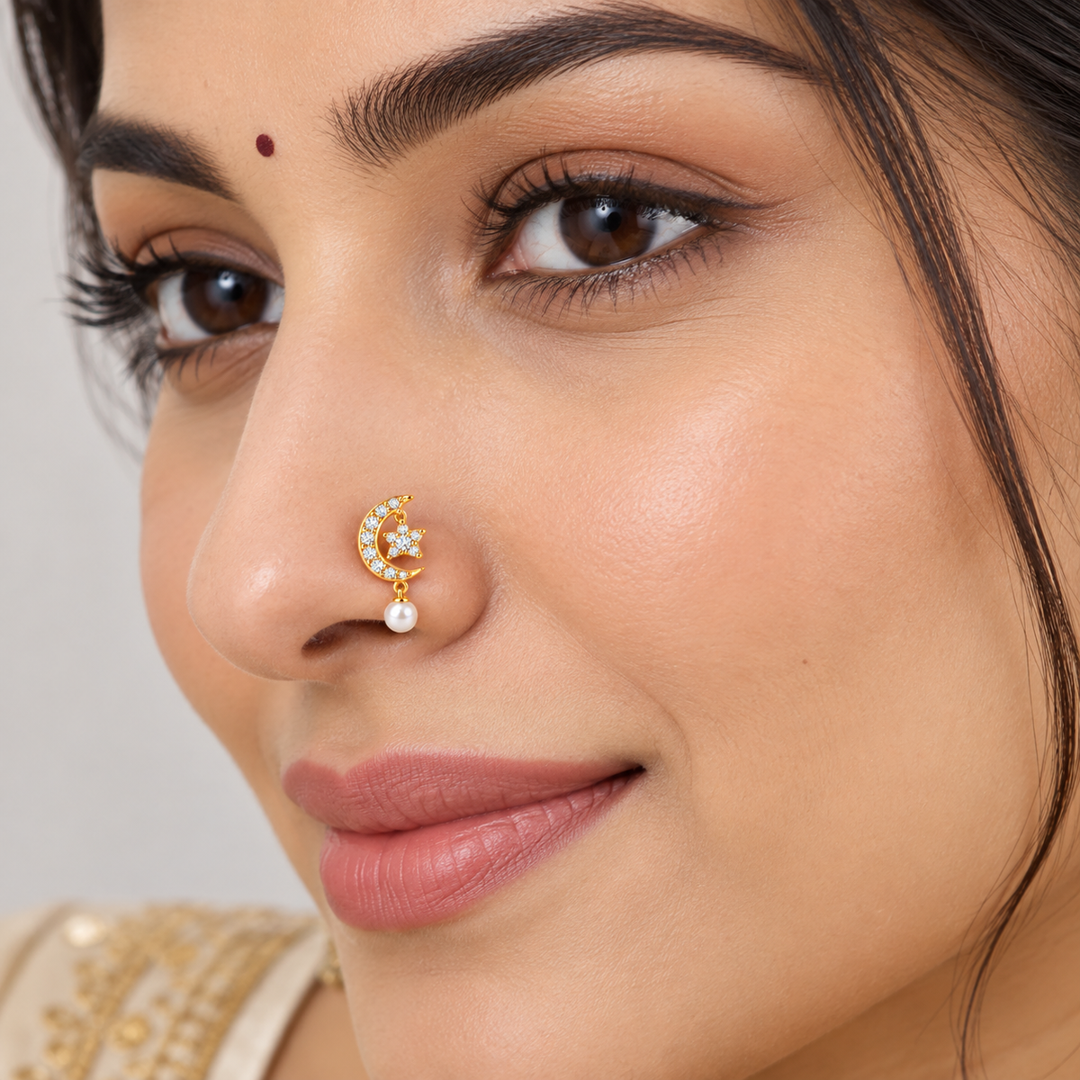 Crescent Moon Pearl Drop Nose Pin - side view in 925 sterling silver