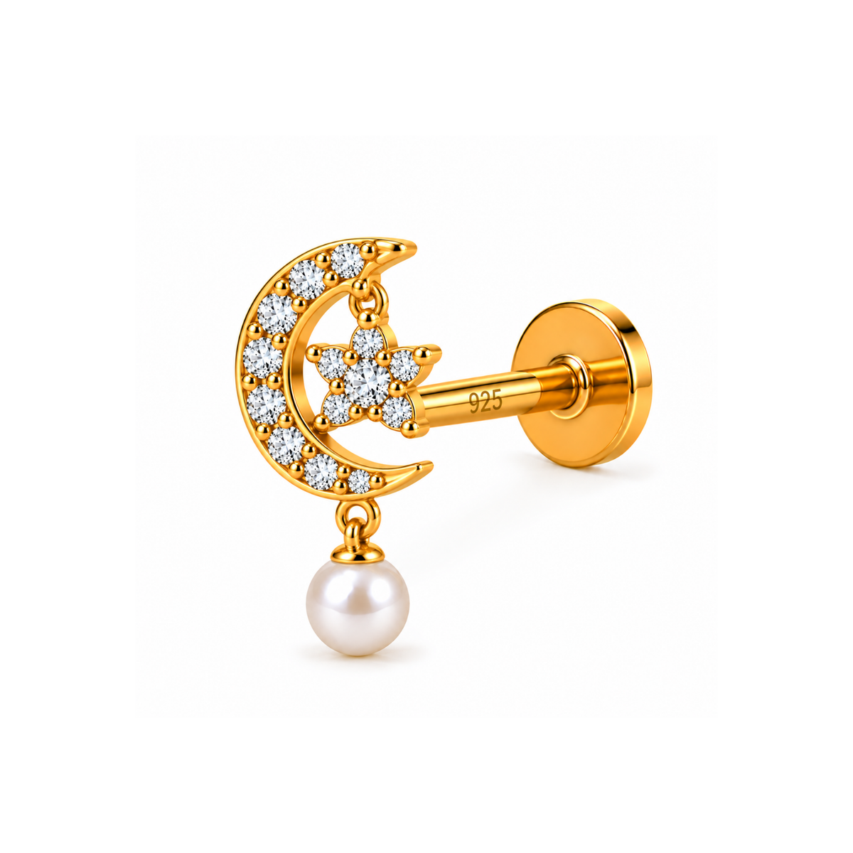 Crescent Moon Pearl Drop Nose Pin - 925 Sterling Silver