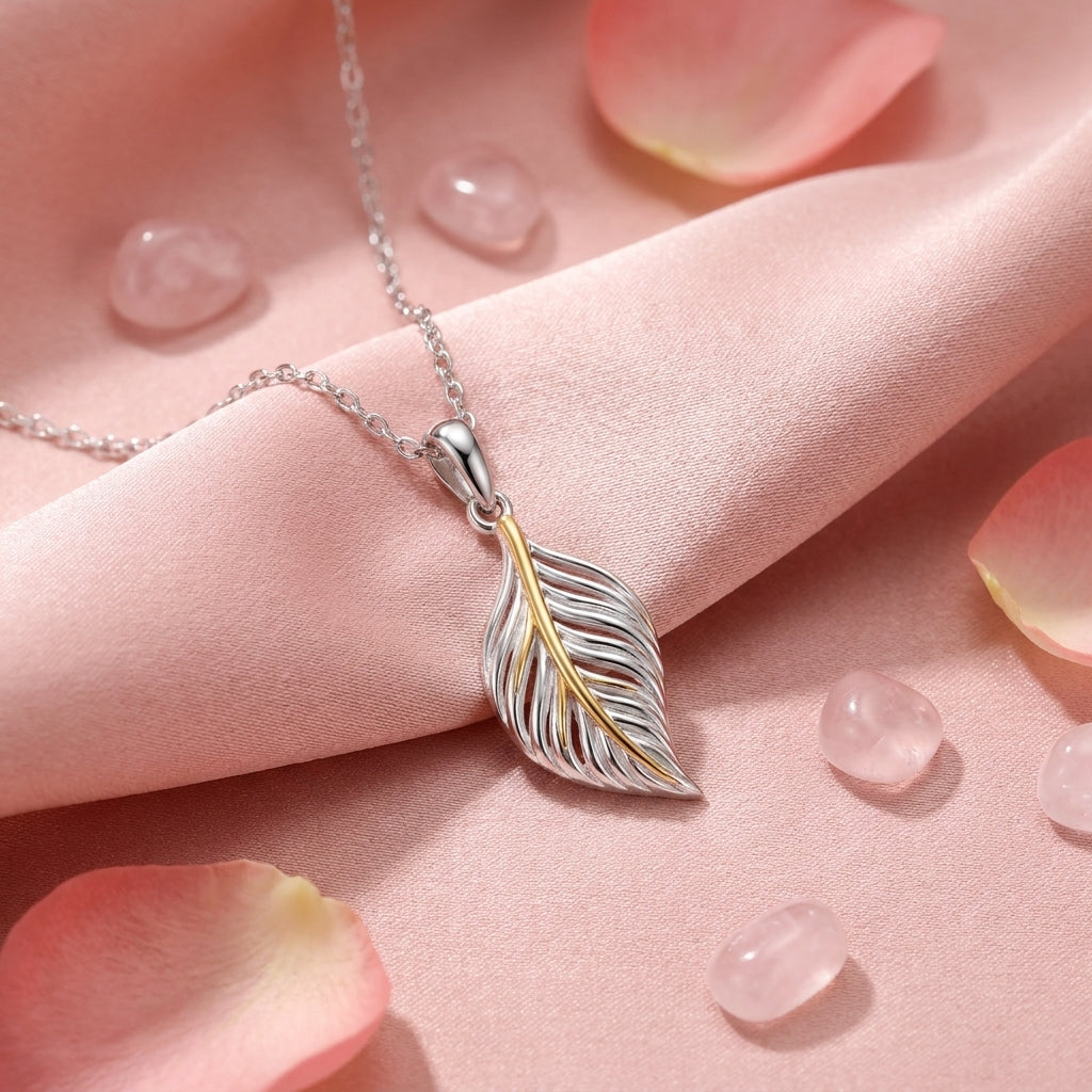 Two Tone Leaf Pendant Necklace - 925 sterling silver pendant necklace for women