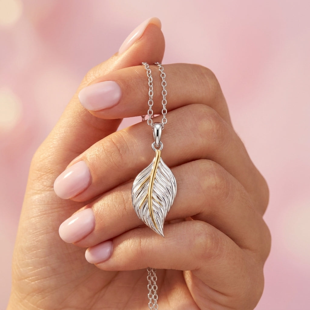 Two Tone Leaf Pendant Necklace - 925 sterling silver pendant necklace for women