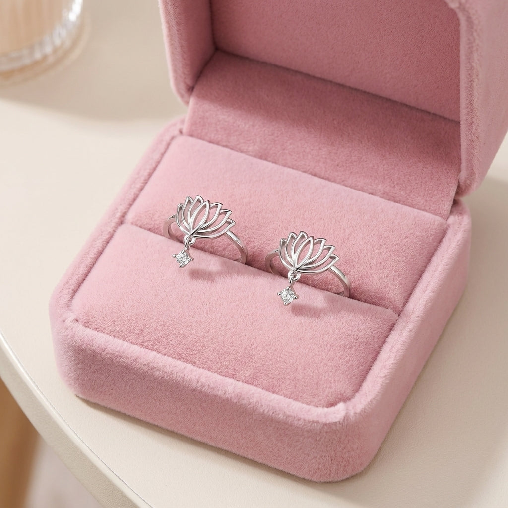 Lotus White Cz Drop Sterling Silver Toe Rings - close-up detail