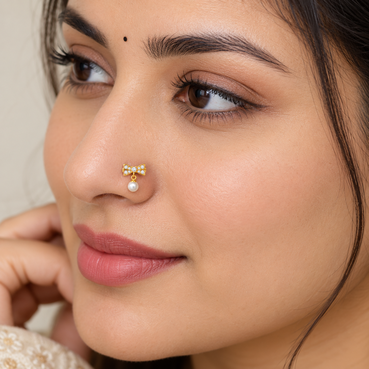 Bow Pearl Drop Nose Pin - side view in 925 sterling silver