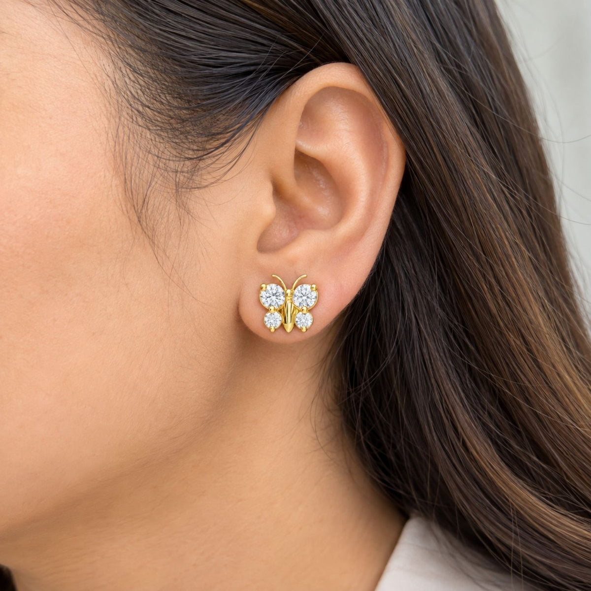 Round White Cz Butterfly Stud Earrings for Women - 925 Sterling Silver