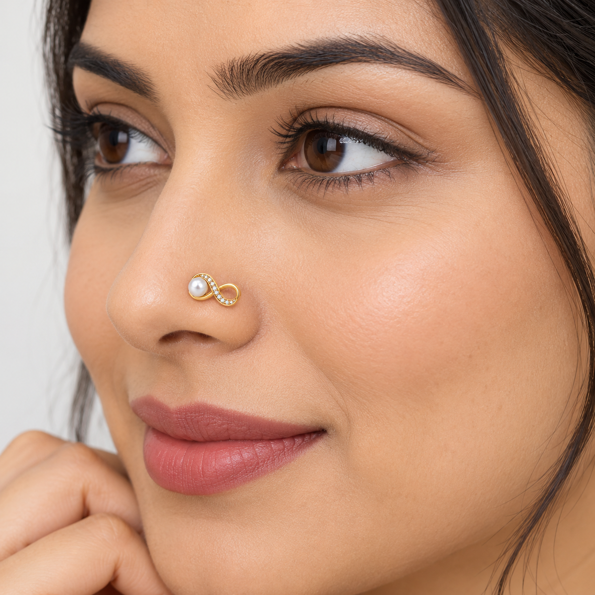 Pearl Infinity Nose Pin - side view in 925 sterling silver