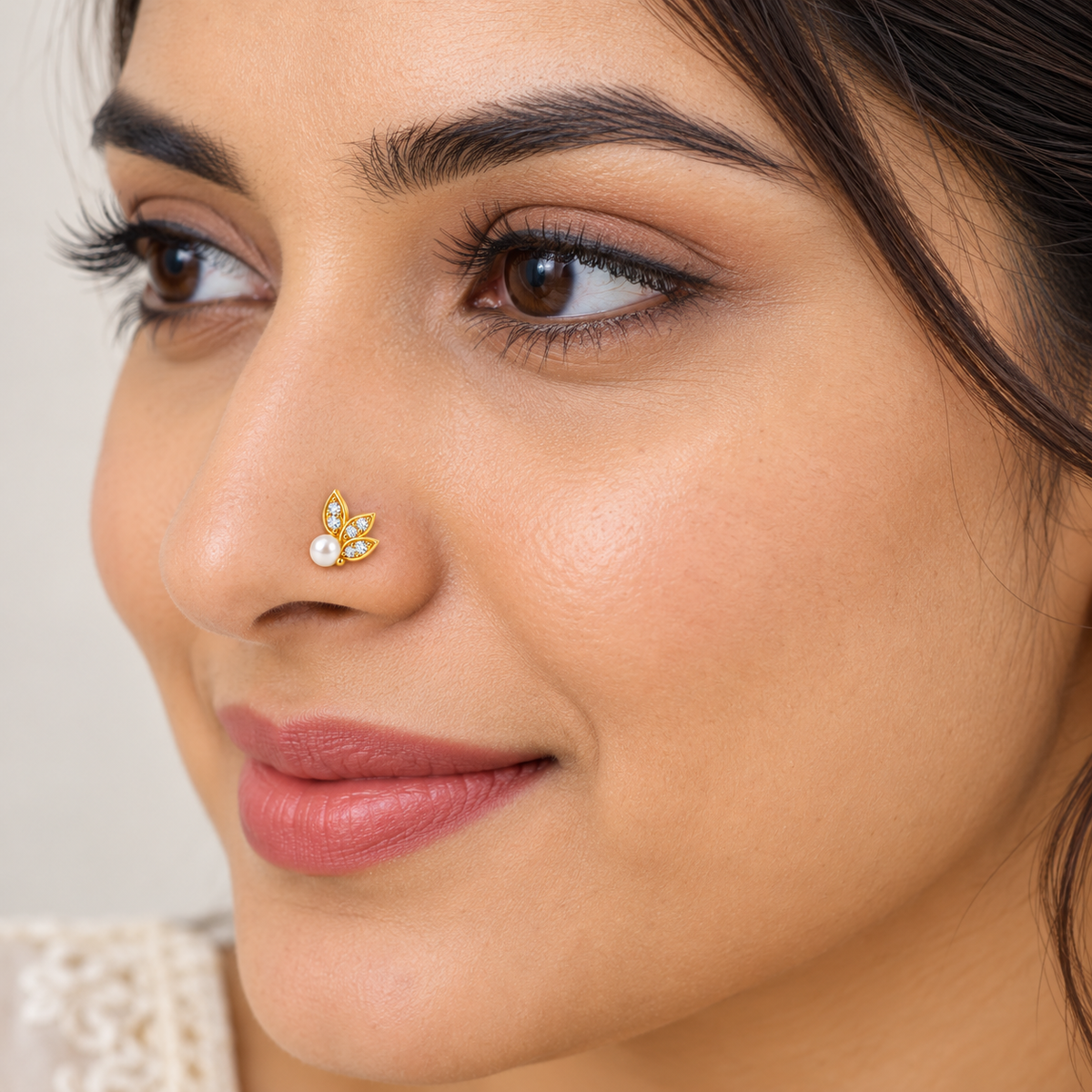 Pearl Leaf Nose Pin - side view in 925 sterling silver