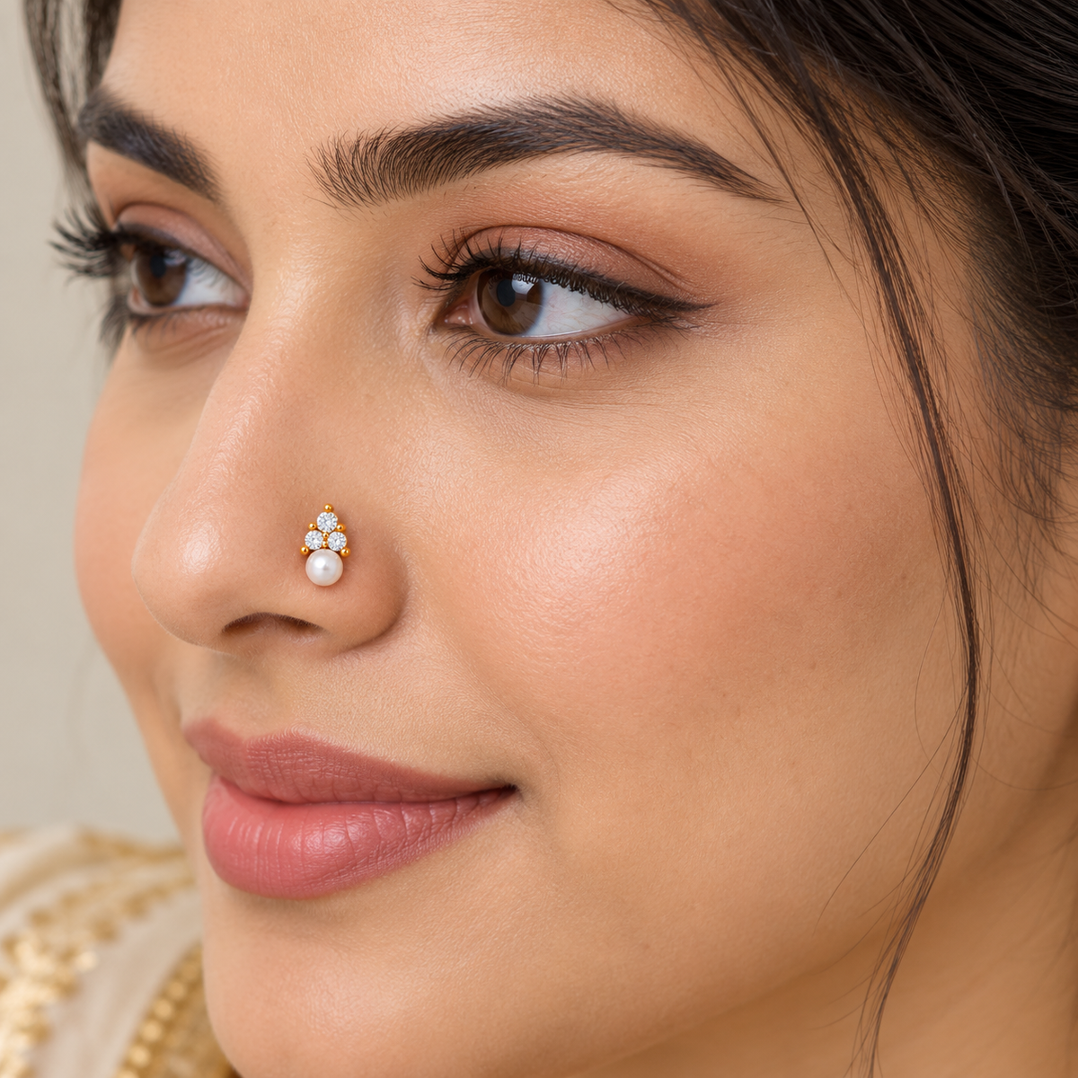 Pearl Trio Top Nose Pin - side view in 925 sterling silver