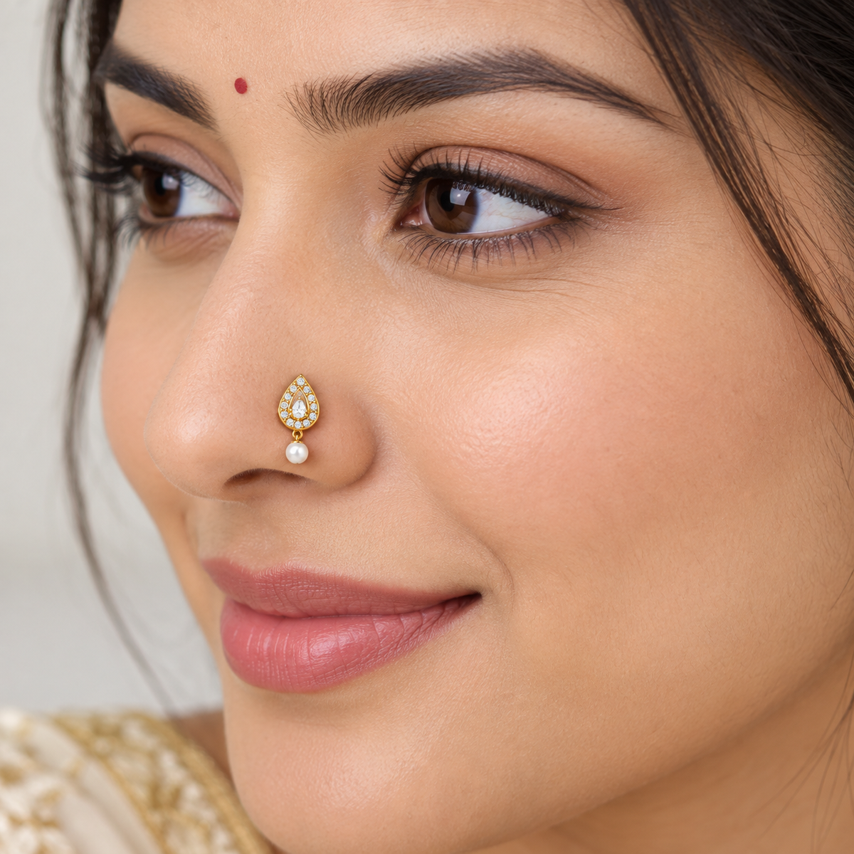 Teardrop Pearl Drop Nose Pin - side view in 925 sterling silver