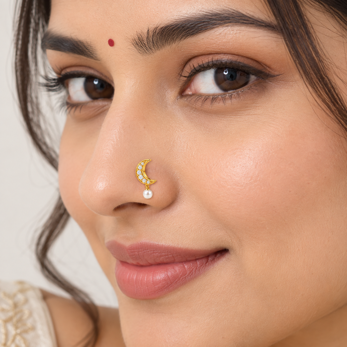 Crescent Pearl Drop Nose Pin - side view in 925 sterling silver