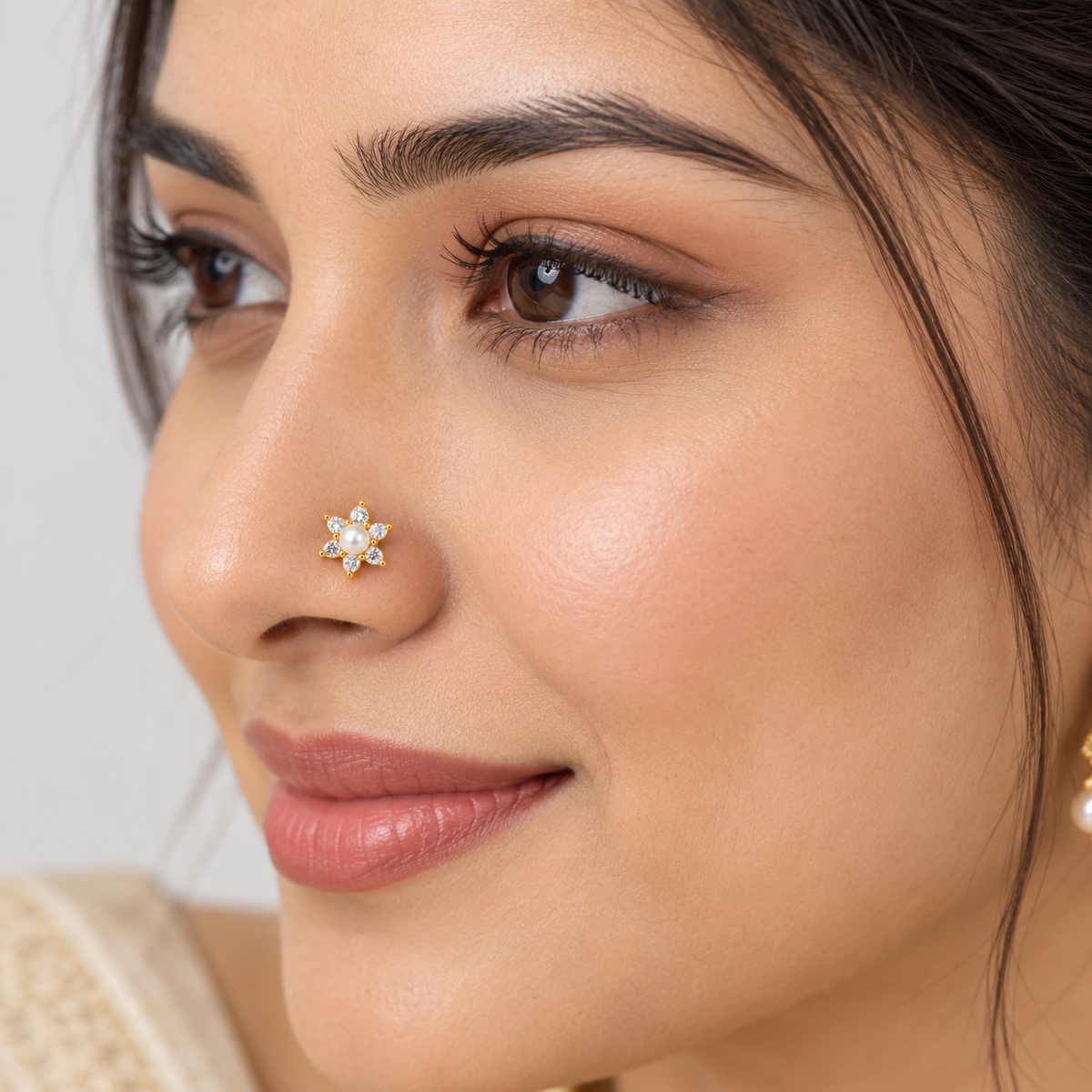 Pearl Flower Nose Pin - side view in 925 sterling silver
