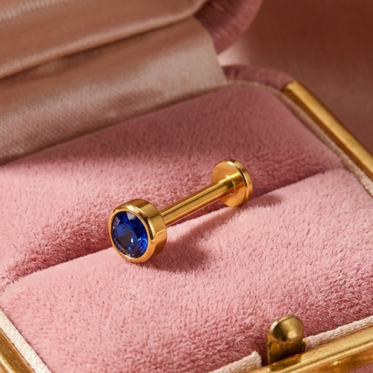 Blue Sapphire Round Bezel Nose Pin - side view in 925 sterling silver