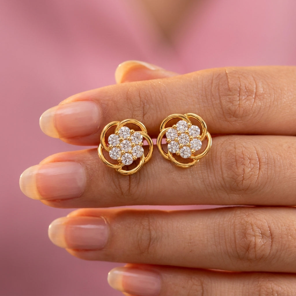 Swirl Flower White Cz Cluster Stud Earrings - 925 sterling silver earrings for women