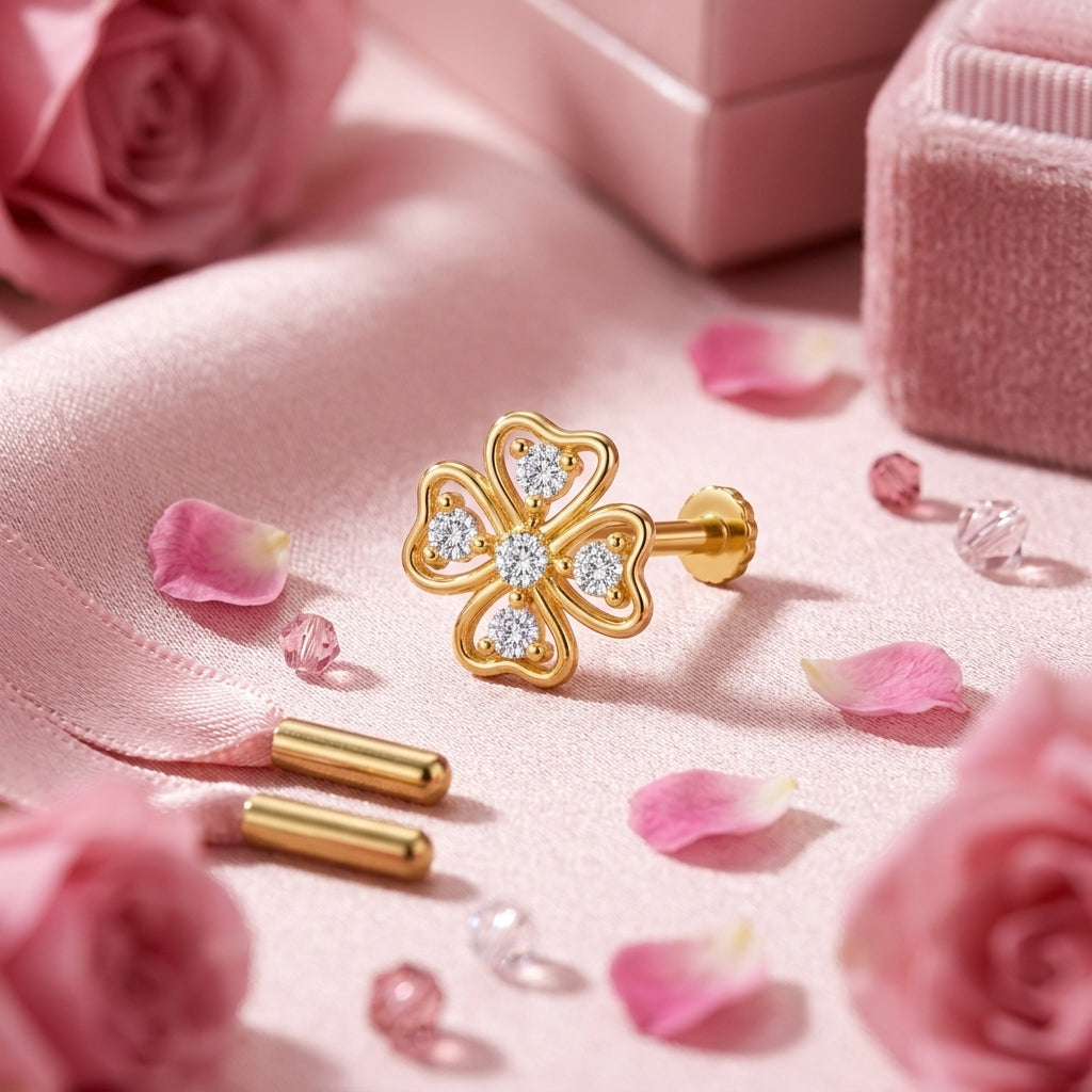 Four Petal Clover Nose Pin - side view in 925 sterling silver