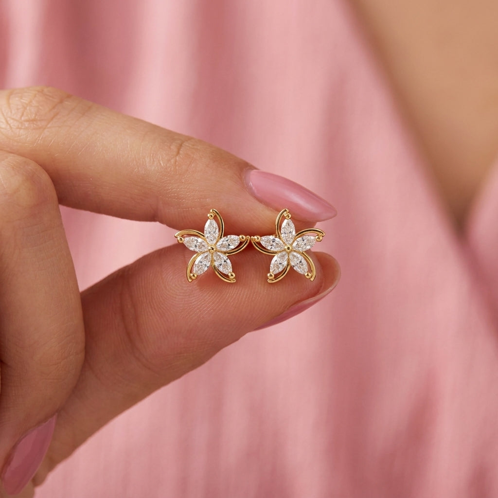 Marquise White Cz Flower Stud Earrings - 925 sterling silver earrings for women
