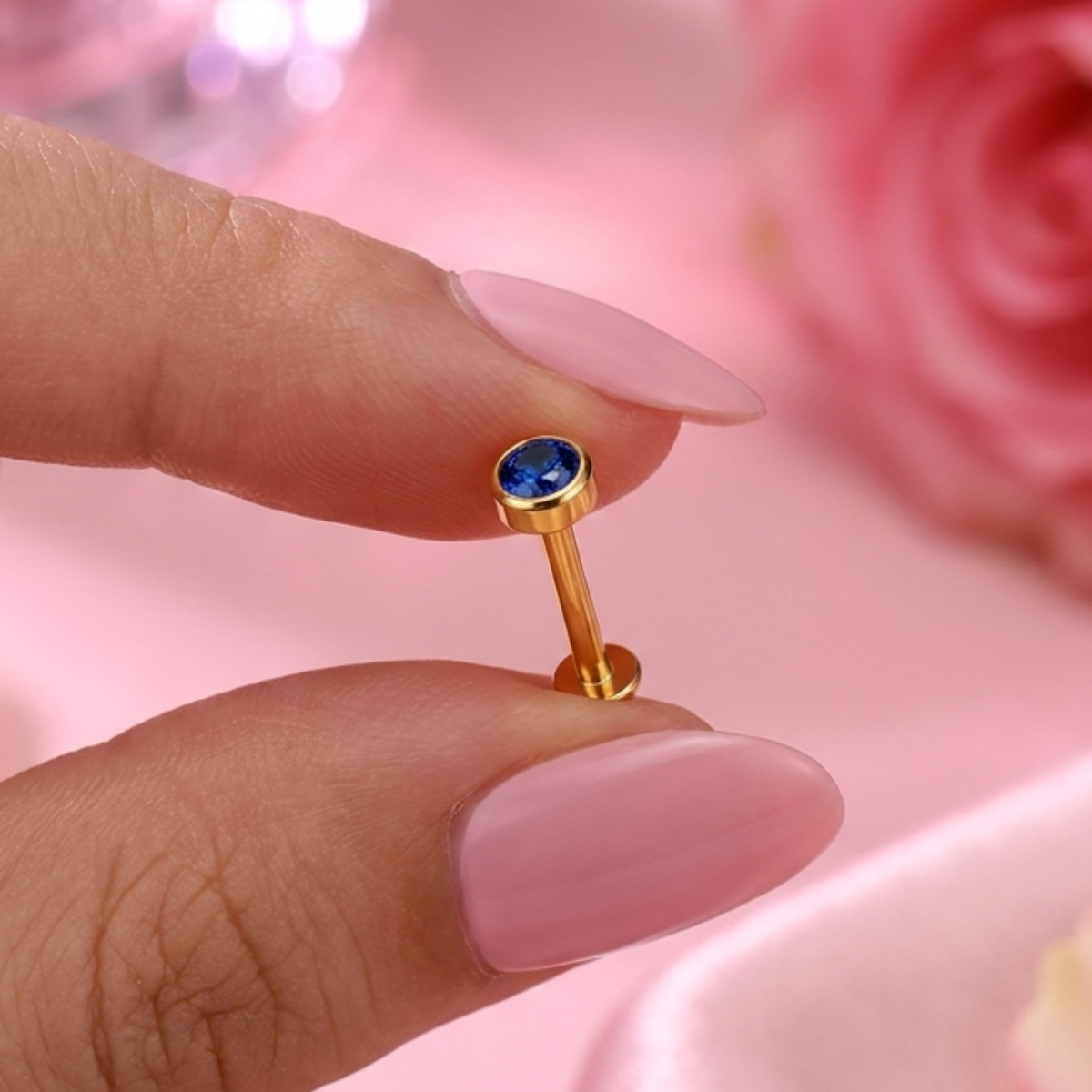 Blue Sapphire Round Bezel Nose Pin - close-up detail
