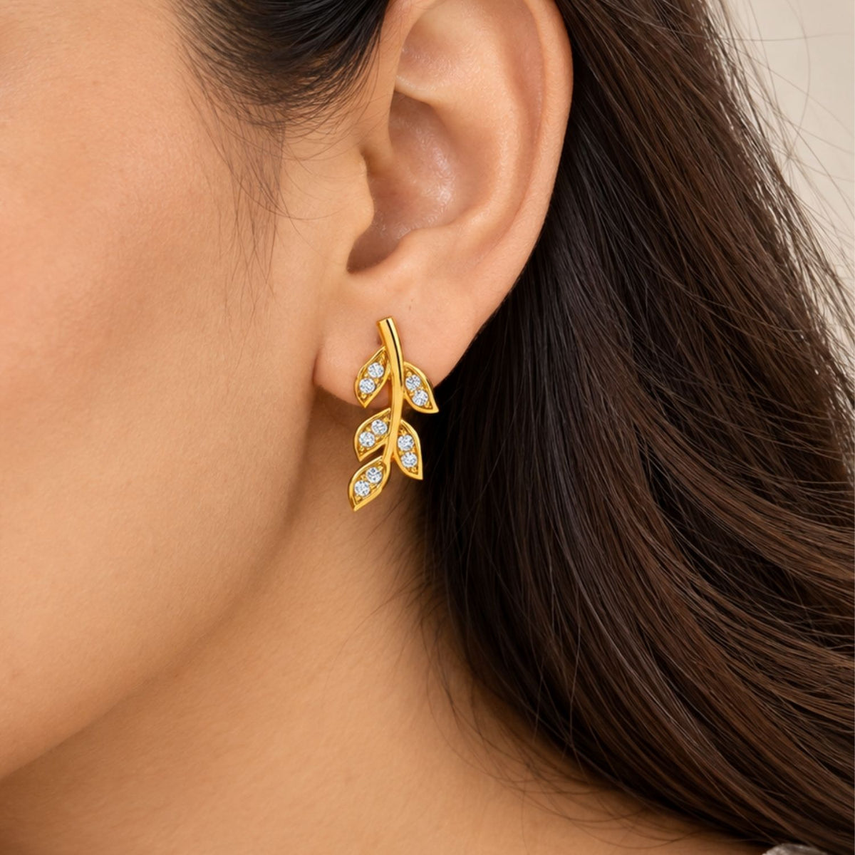 Leaf Vine White Cz Climber Stud Earrings for Women - 925 Sterling Silver