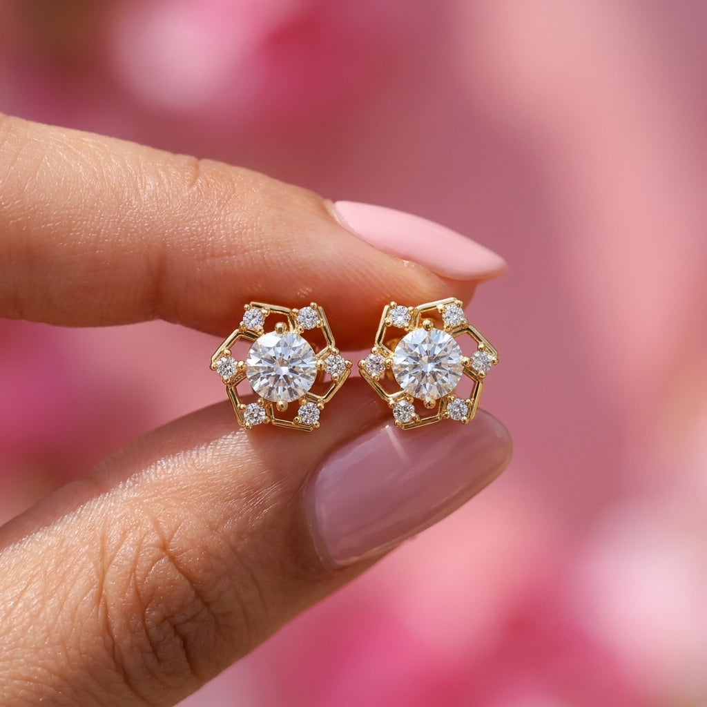 Hexagon Halo White Cz Solitaire Stud Earrings - 925 sterling silver earrings for women