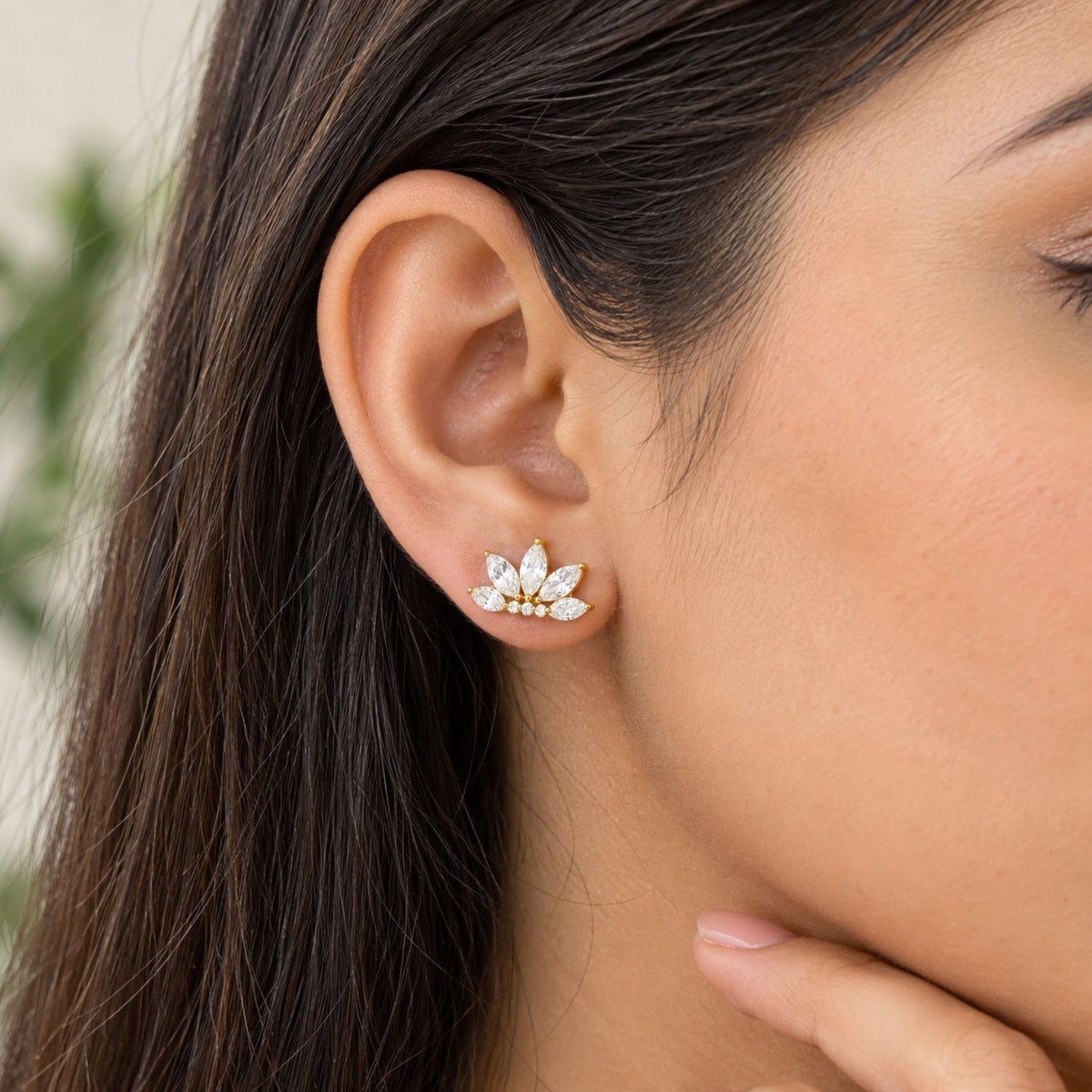 Marquise White Cz Lotus Crown Flat-Back Stud Earrings for Women - 925 Sterling Silver