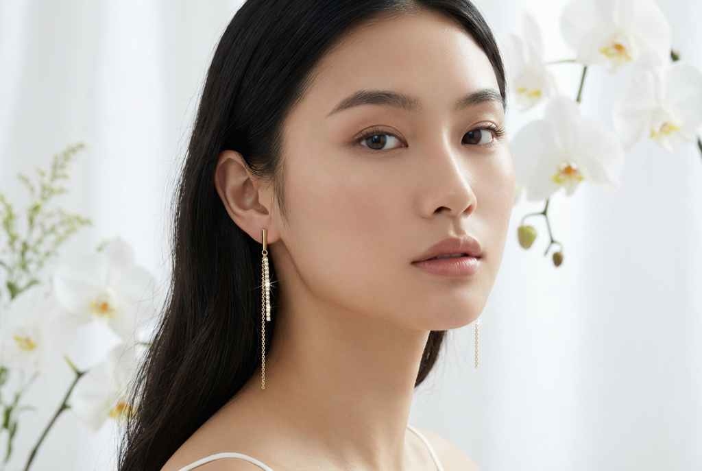 Bar Studded Layer Chain Dangle Earrings - Sterling Silver Gold Plated