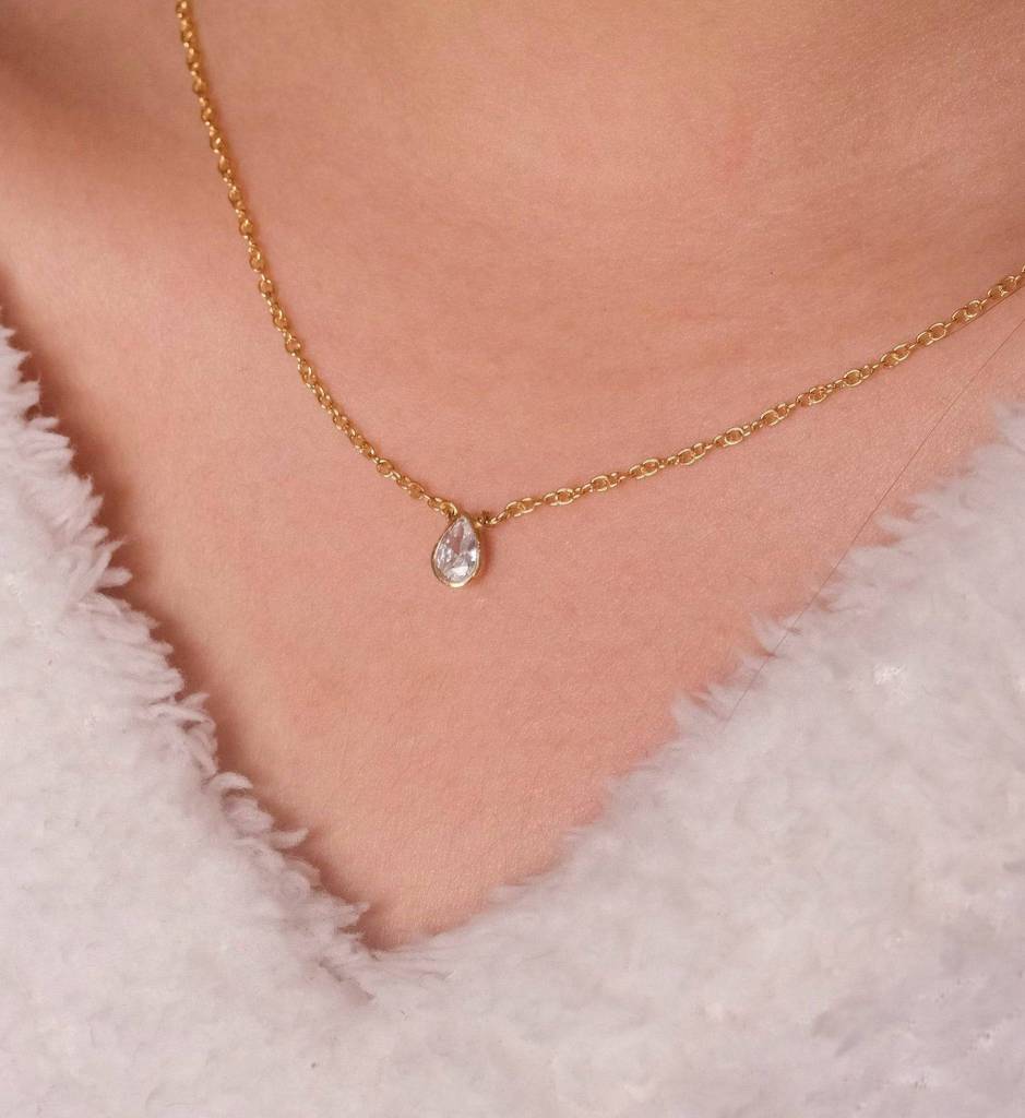 Pear Diamond Necklace - 925 Sterling Silver Gold Plated