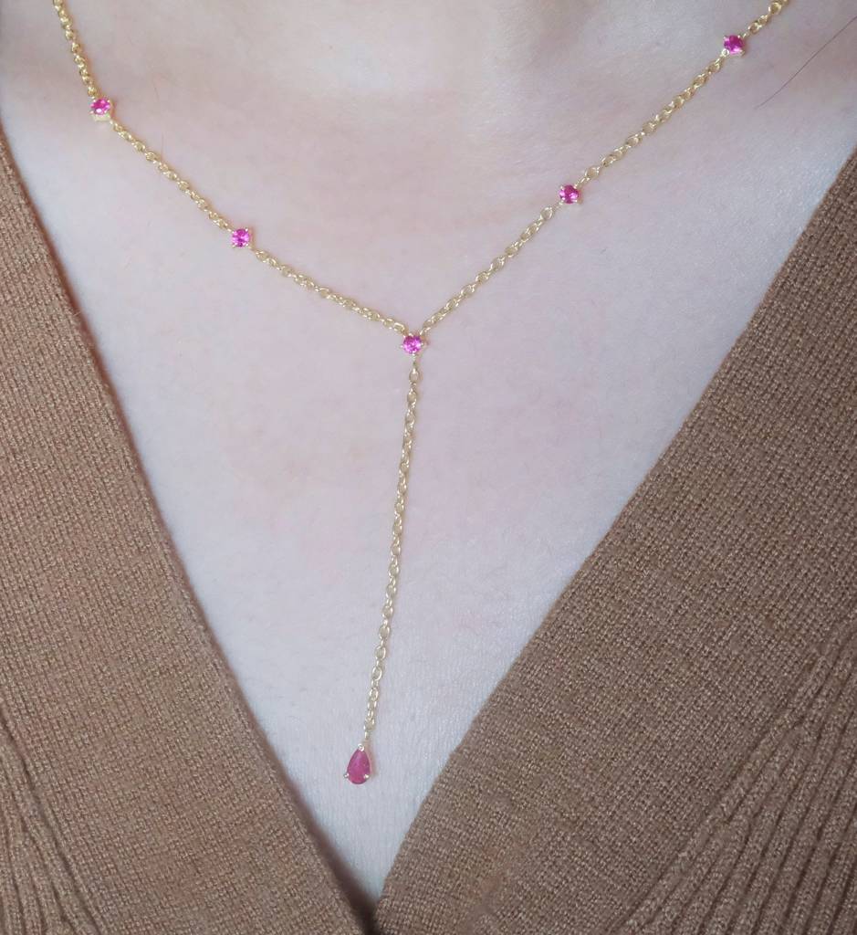Ruby Lariat Necklace - 925 Sterling Silver Gold Plated