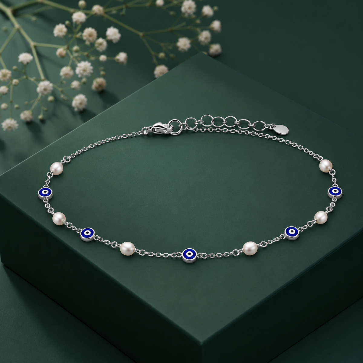 Blue Evil Eye Pearl Anklet worn