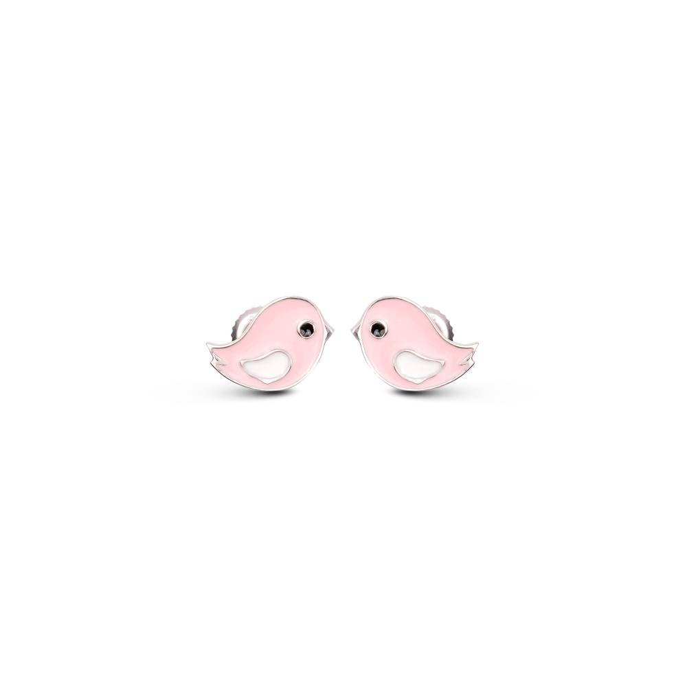 Pink Bird Screw Back Earrings - 925 Sterling Silver Hypoallergenic