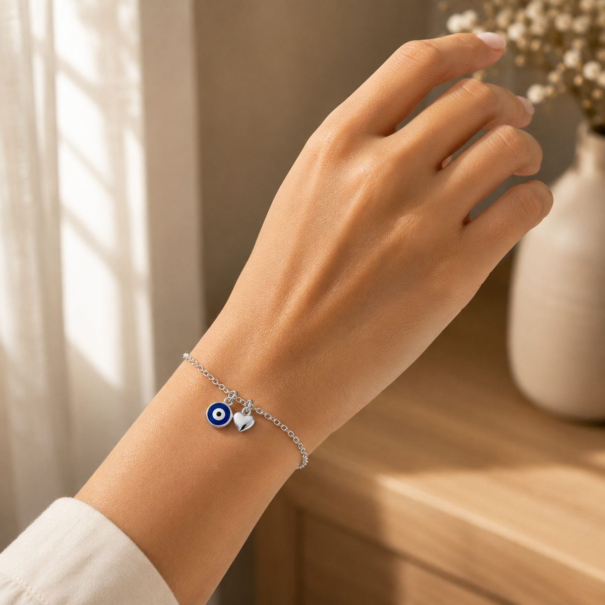 Blue Evil Eye and Heart Bracelet detail
