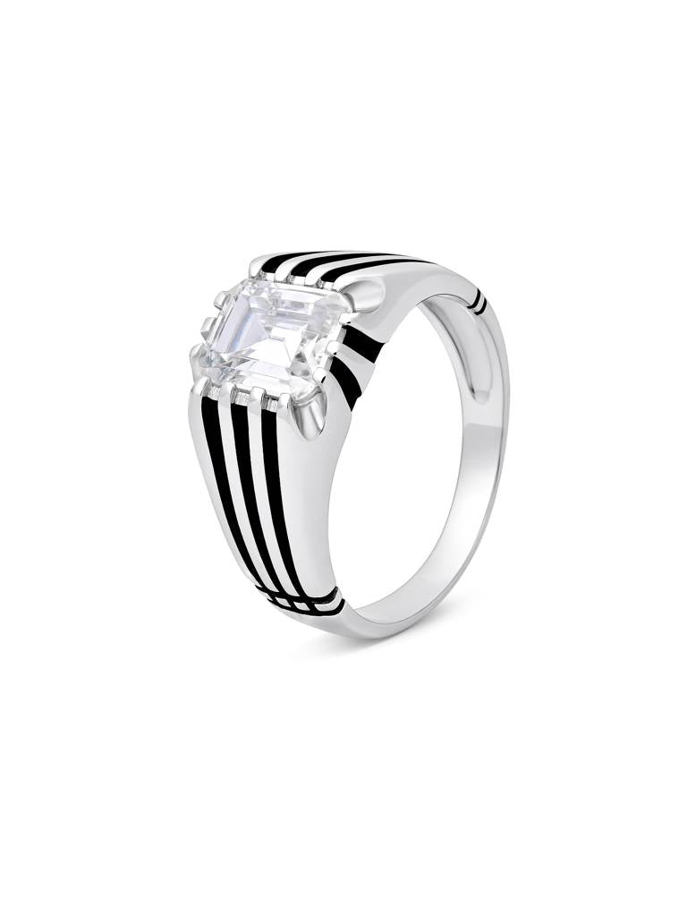Striped Crest Silver Ring - 925 Sterling Silver