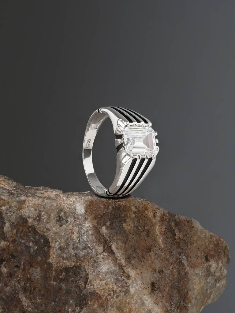 Striped Crest Silver Ring - 925 Sterling Silver