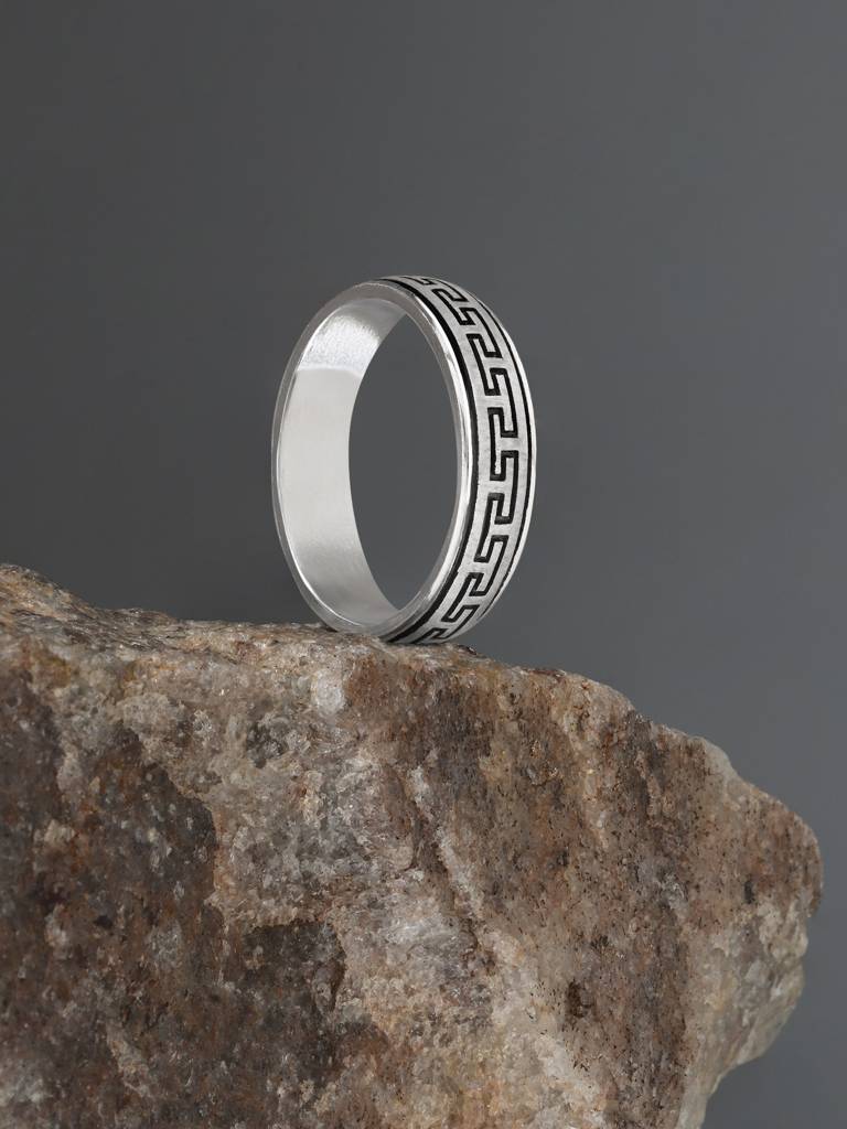 Greek Key Silver Band Ring - 925 Sterling Silver