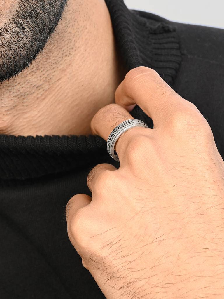 Greek Key Silver Band Ring - 925 Sterling Silver