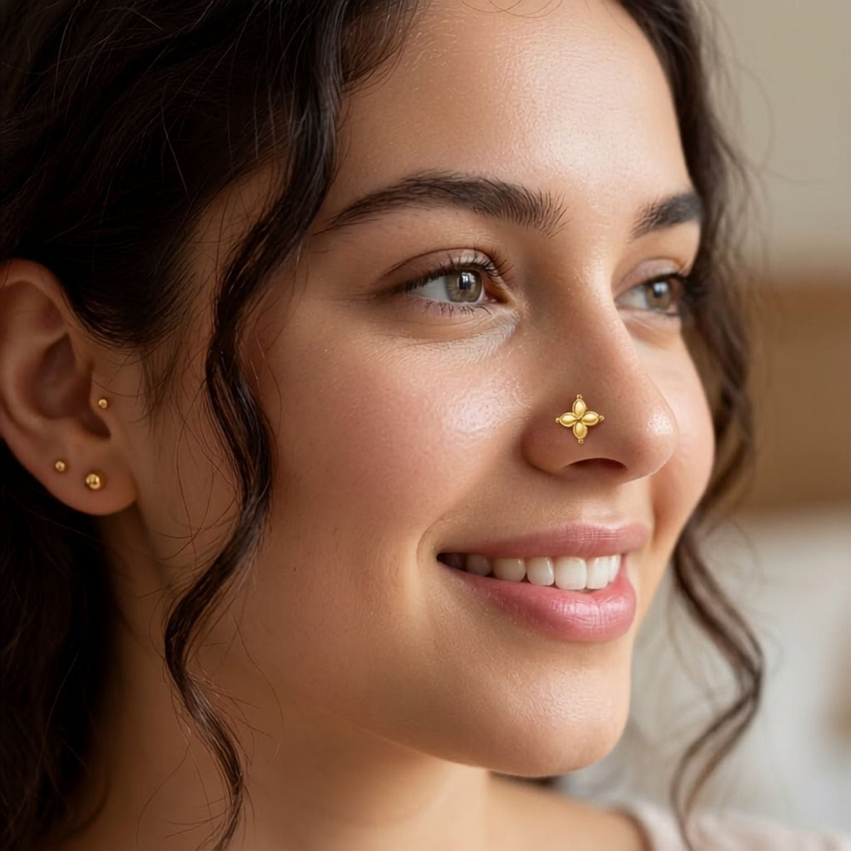 Four Petal Floral Nose Pin - side view in 925 sterling silver