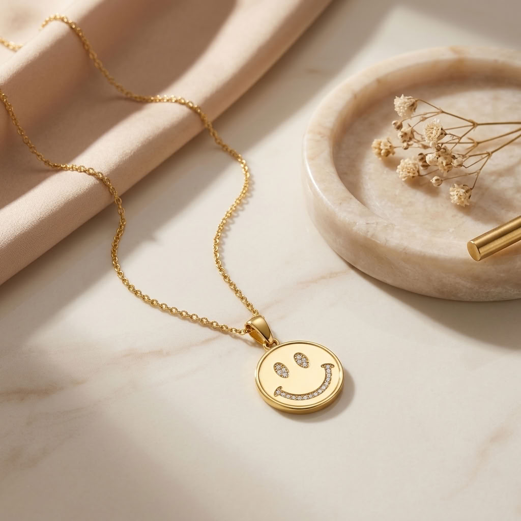 Smiley Face Necklace with White Cz Accents for Women - 925 Sterling Silver