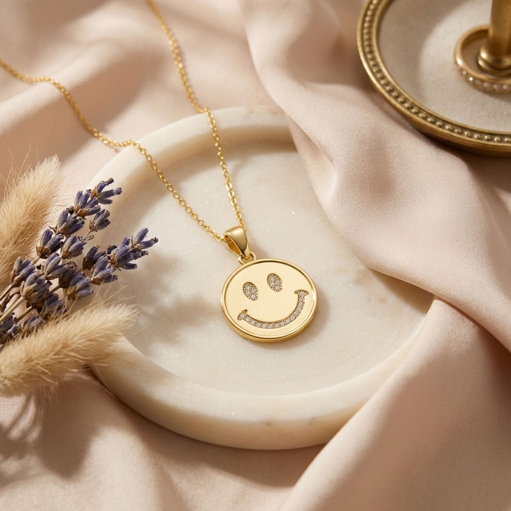 Smiley Face Necklace with White Cz Accents for Women - 925 Sterling Silver